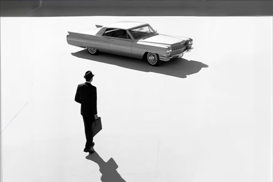 Cadillac vintage em uma composição que nos remete à estética modernista. Imagem que ilustra um legado de inovação, luxo e requinte da marca.
