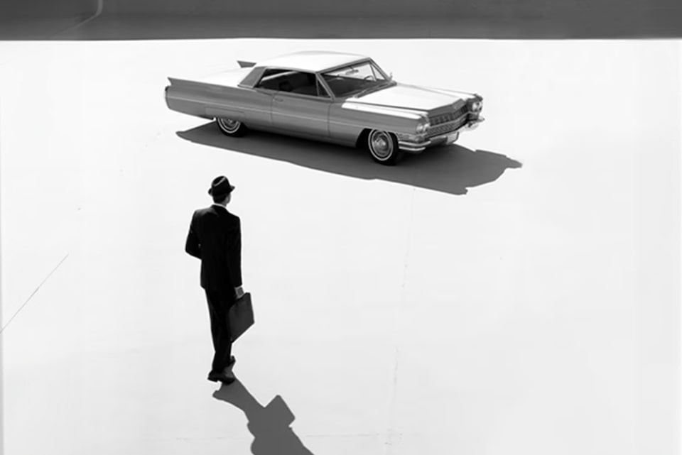 Cadillac vintage em uma composição que nos remete à estética modernista. Imagem que ilustra um legado de inovação, luxo e requinte da marca.