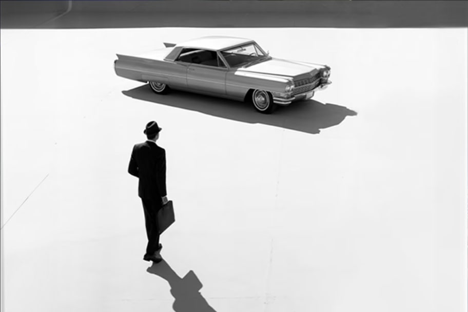 Cadillac vintage em uma composição que nos remete à estética modernista. Imagem que ilustra um legado de inovação, luxo e requinte da marca.