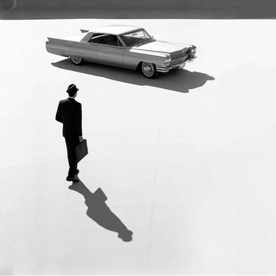 Imagem clássica em preto e branco feita de cima de um homem caminhando em direção a um Cadillac Série 62.