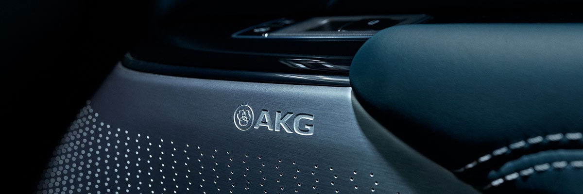 Detalhe do alto-falante AKG integrado ao acabamento da porta do Cadillac LYRIQ.